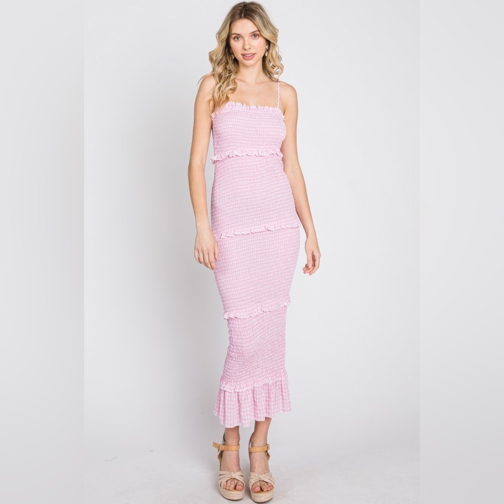 PinkBlush gingham smocked ruffle trim midi bodycon dress nwot - Picture 3 of 7
